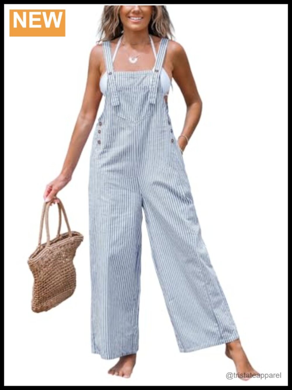 Striped Wide Leg Maxi Jumpsuit with Pockets Cotton Blend